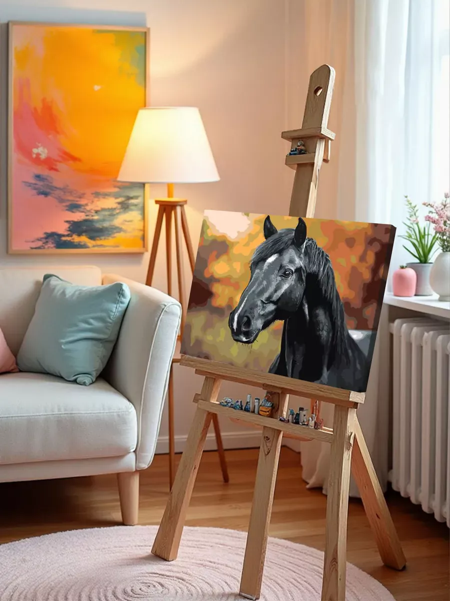 Картина по номерам «Животные: черная лошадь в лесу, осень» — картинка 9