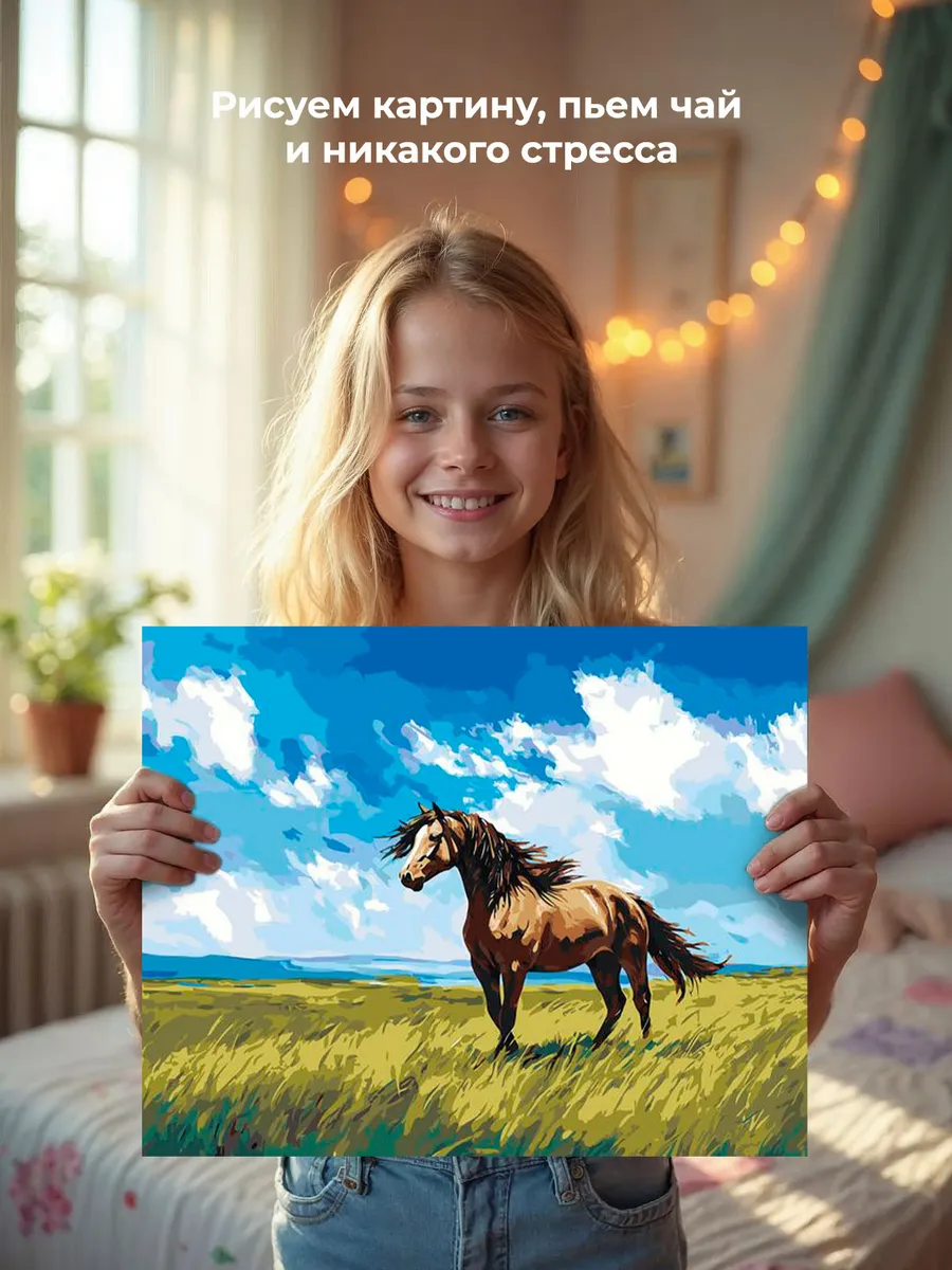 Картина по номерам «Животные: лошадь на зеленом лугу, пейзаж» — картинка 6