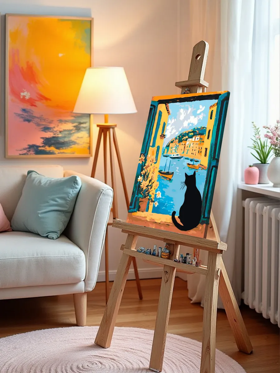 Картина по номерам «Кошки: черный кот, вид на море и лодки» — картинка 9
