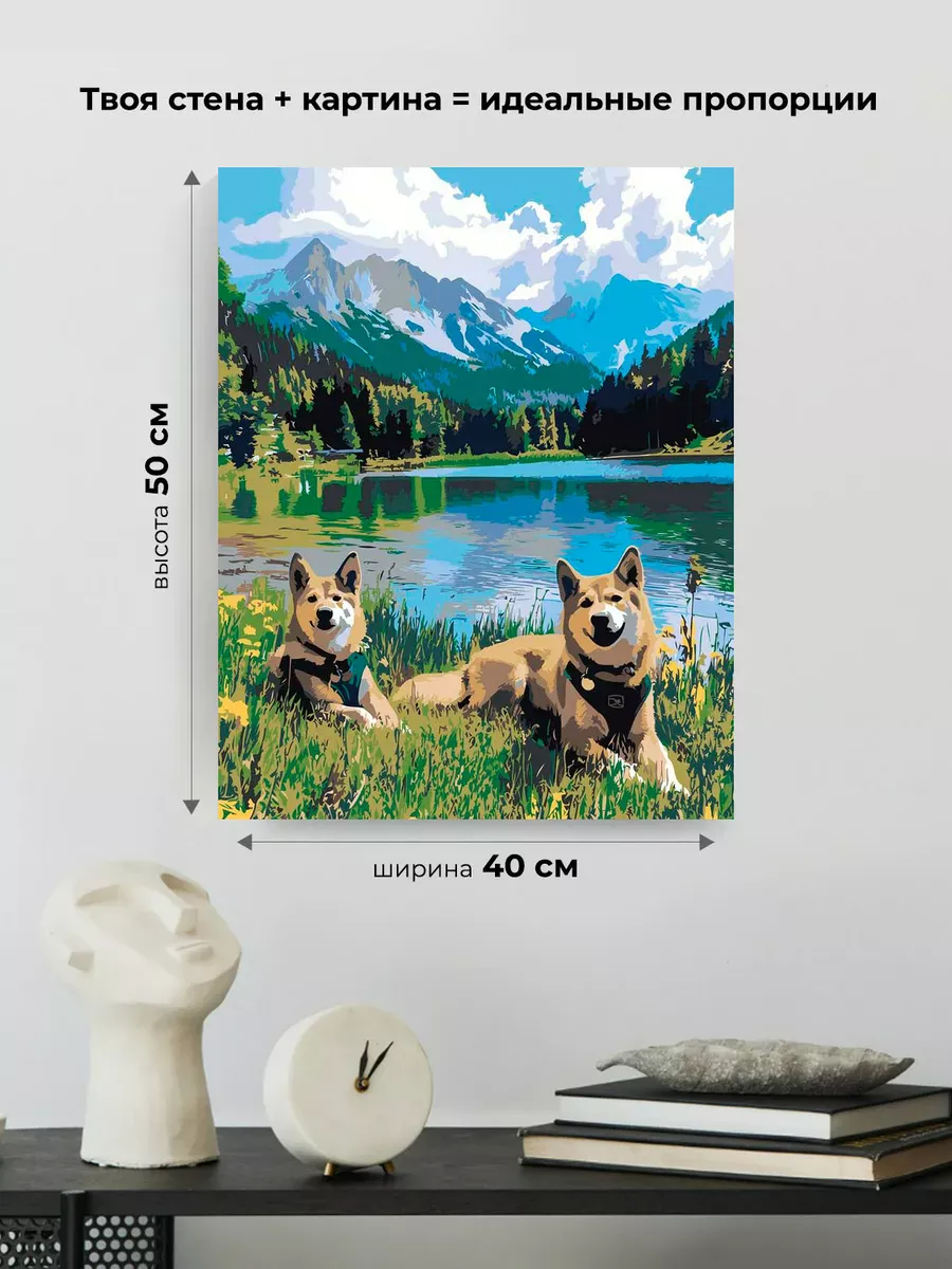 Картина по номерам «Собаки: актиа-ину и озеро в лесу, горы» — картинка 3