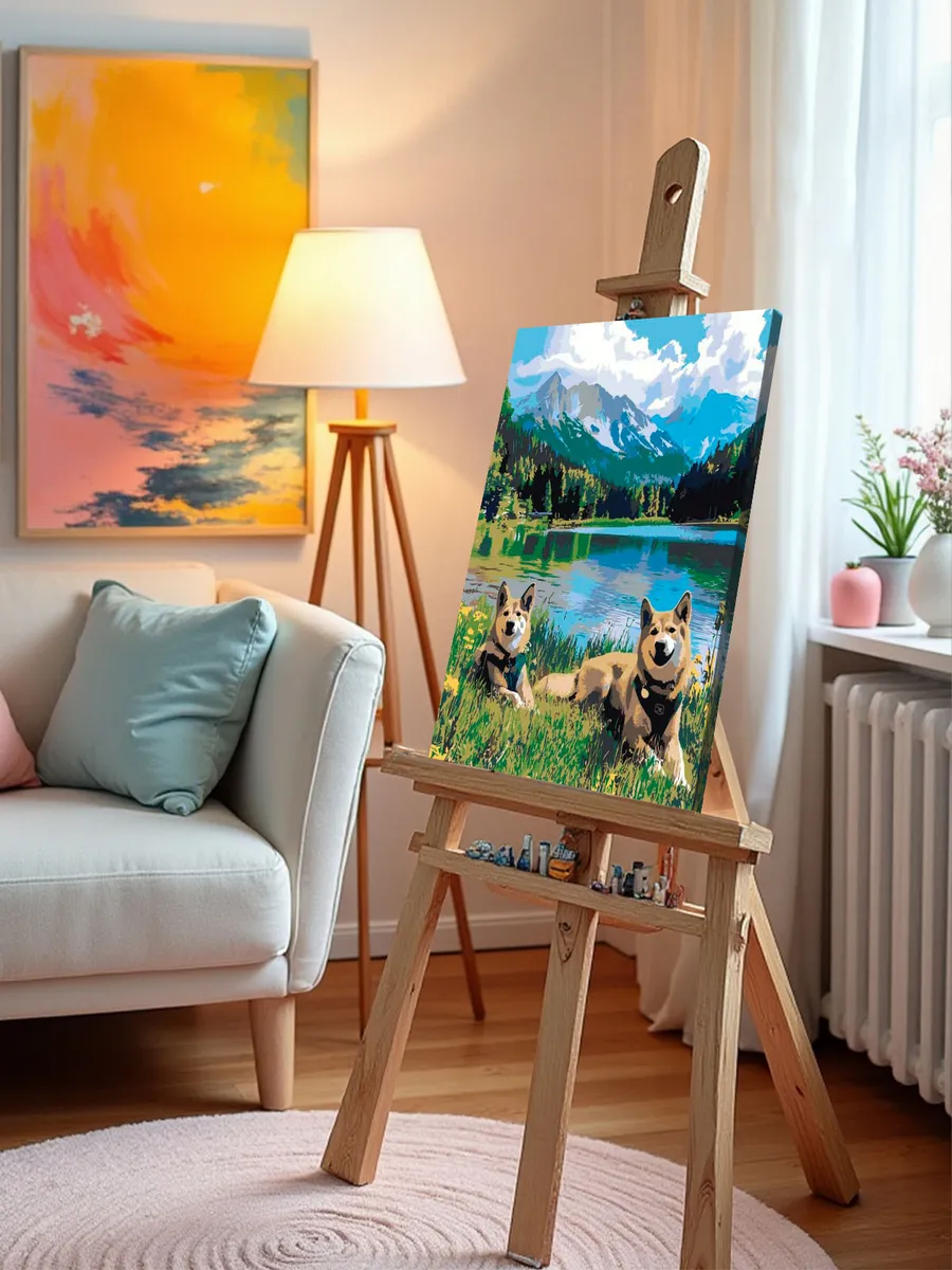 Картина по номерам «Собаки: актиа-ину и озеро в лесу, горы» — картинка 9