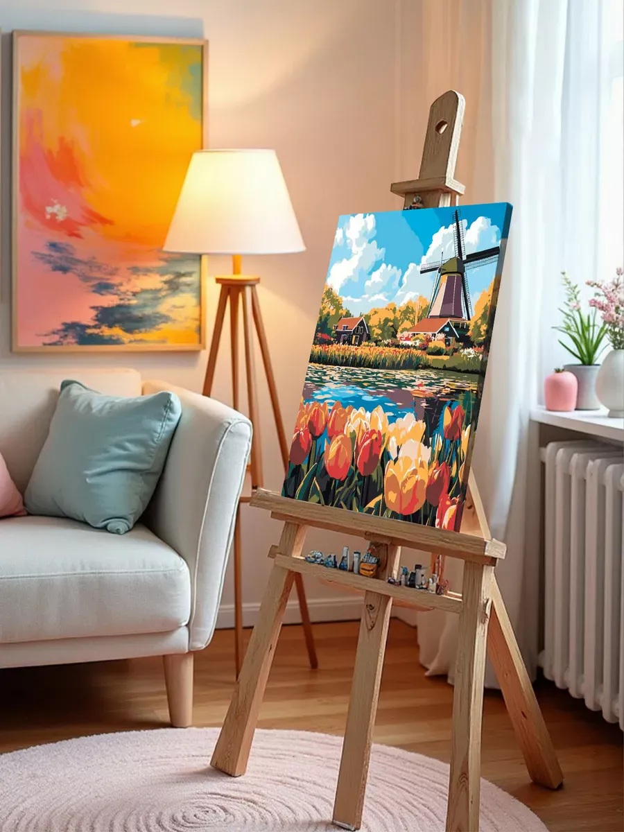 Картина по номерам «Цветы: тюльпаны у пруда и мельница, весна» — картинка 10