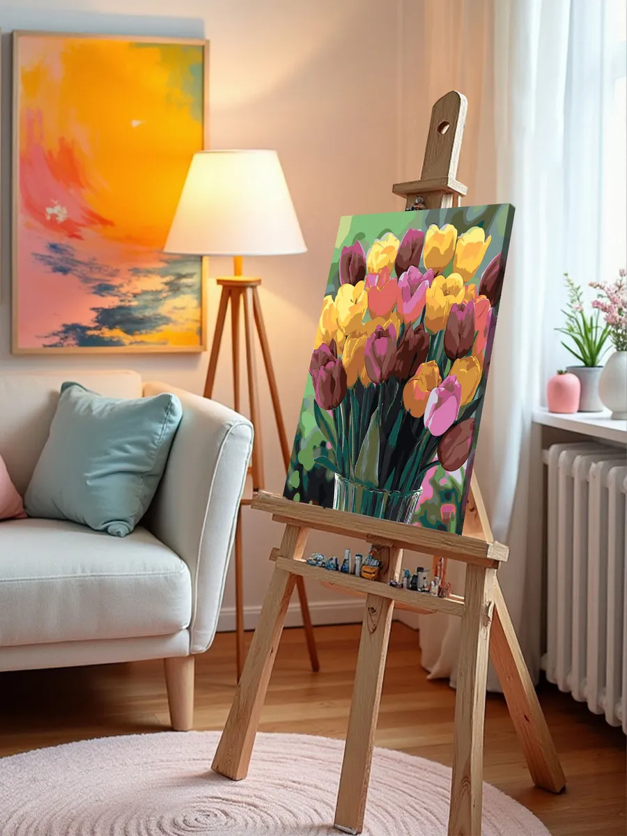 Картина по номерам «Цветы: яркие тюльпаны в вазе, весна» — картинка 9