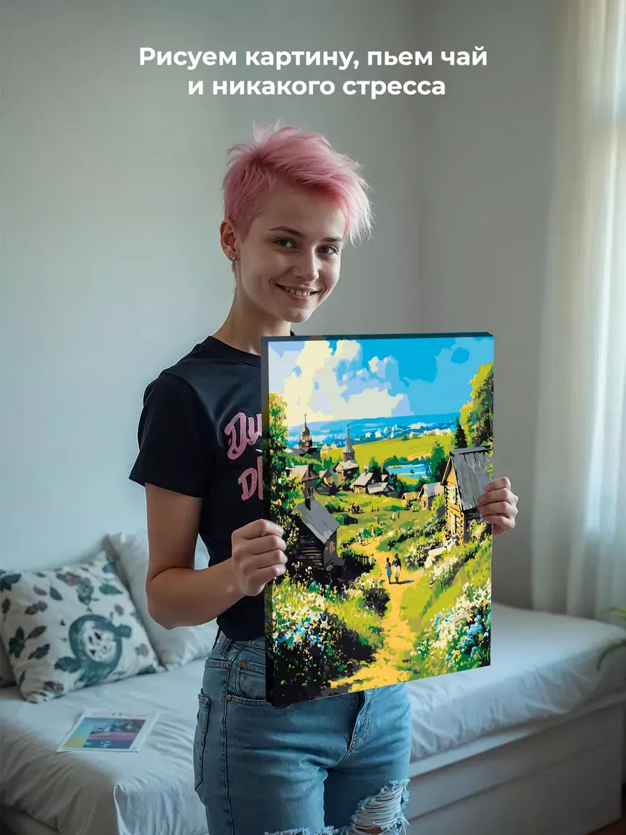 Картина по номерам «Пейзаж: церковь в деревне, цветы, весна» — картинка 6