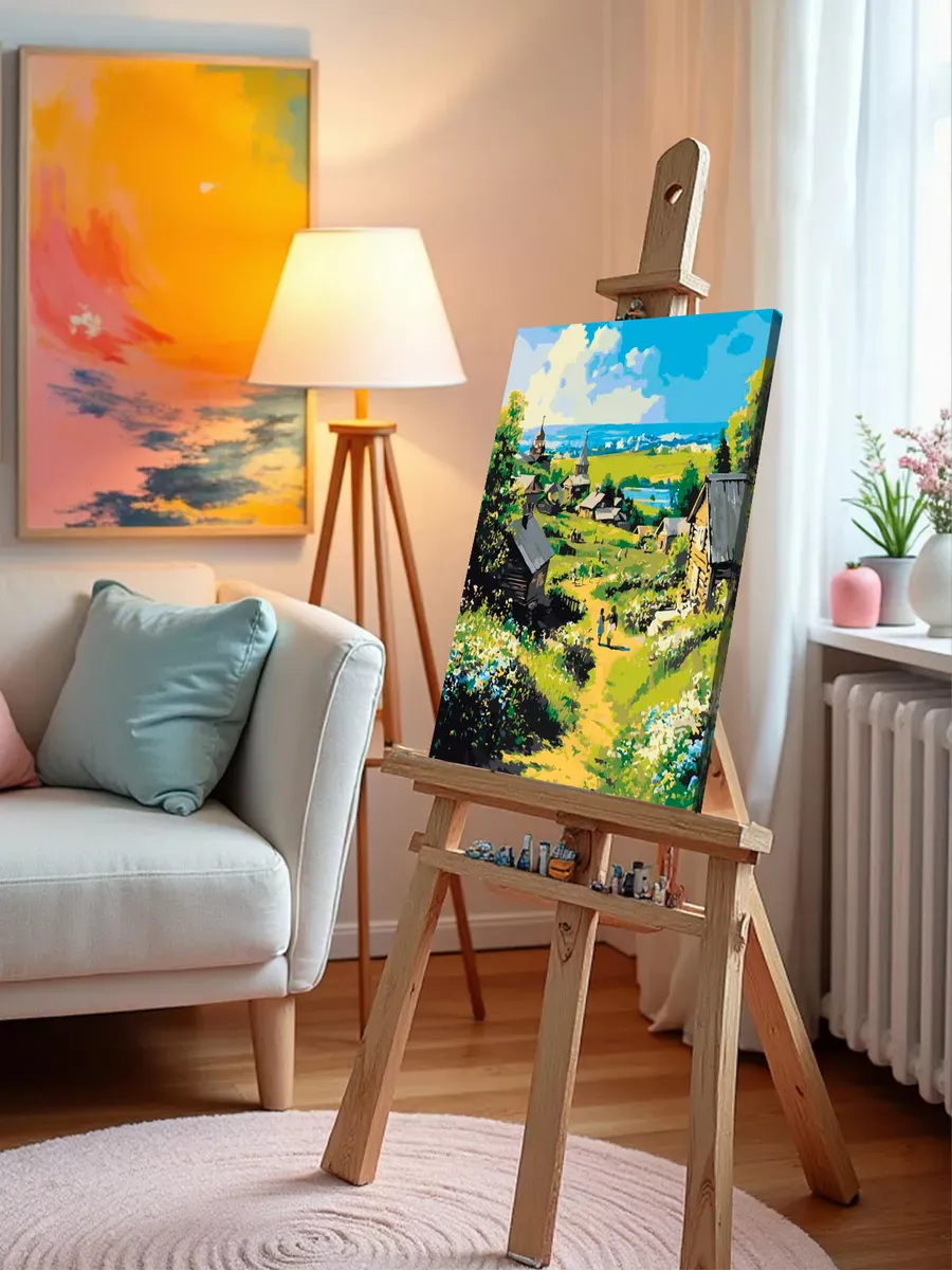 Картина по номерам «Пейзаж: церковь в деревне, цветы, весна» — картинка 9