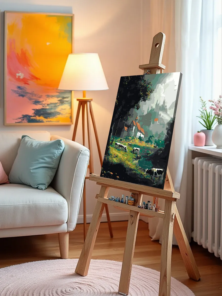 Картина по номерам «Пейзаж: церковь в деревне, коровы на лугу» — картинка 9