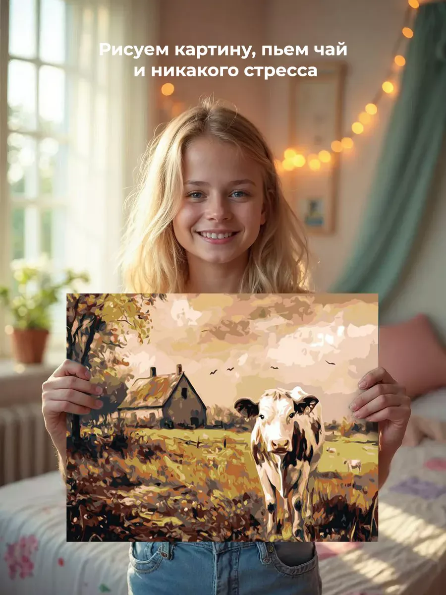 Картина по номерам «Животные: корова, деревенский пейзаж» — картинка 6