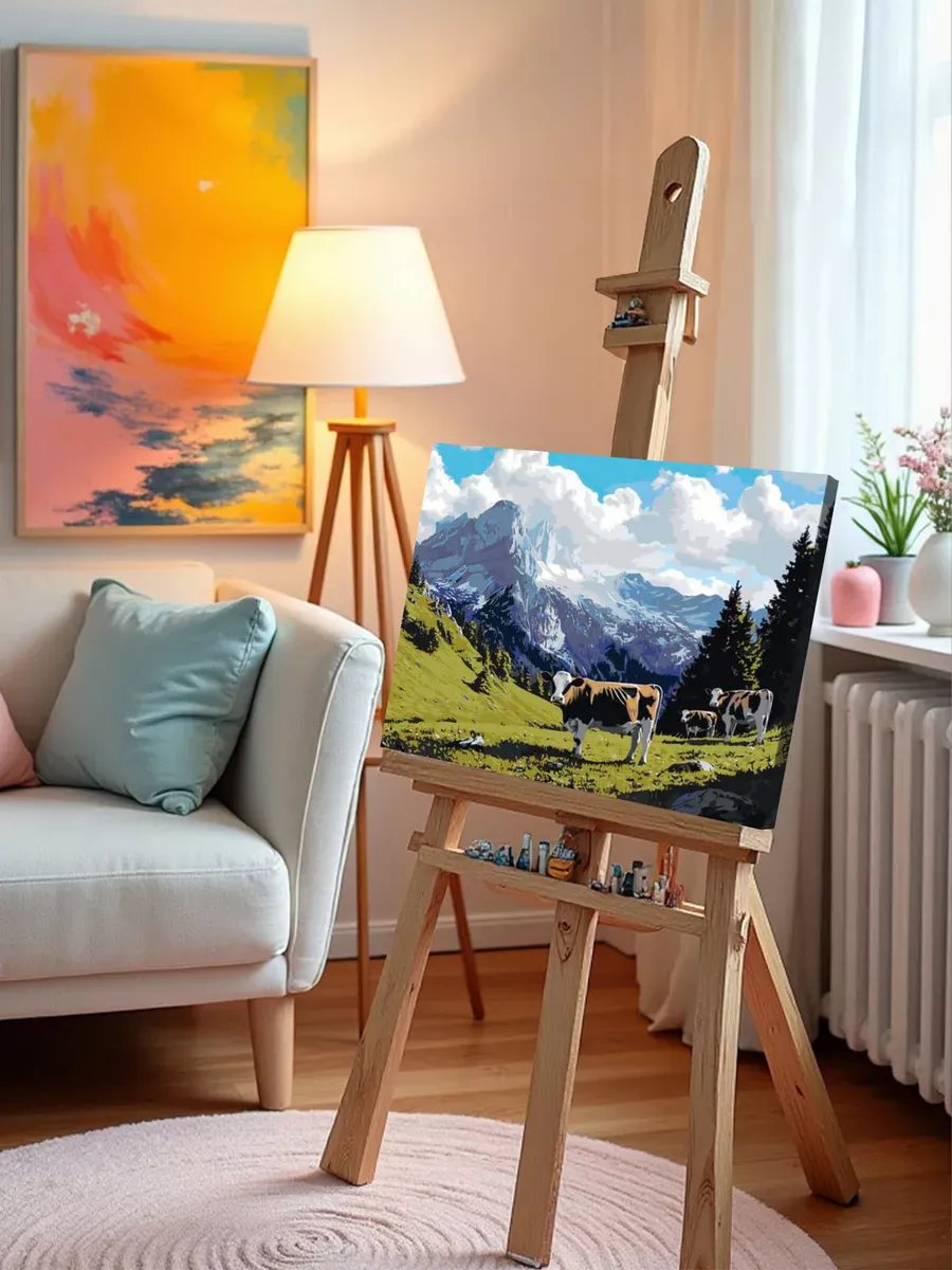 Картина по номерам «Пейзаж: коровы пасутся на фоне горы» — картинка 9