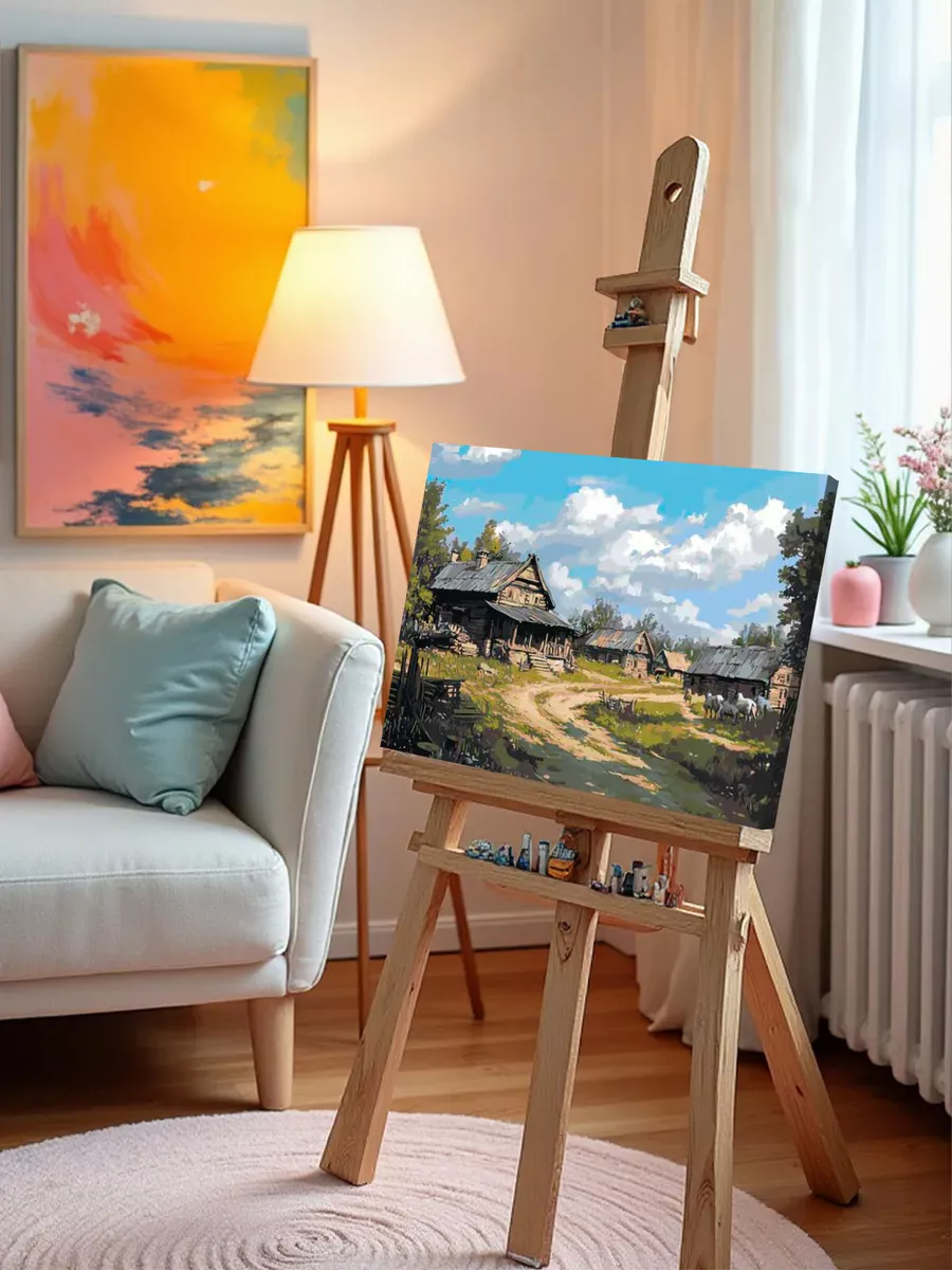 Картина по номерам «Пейзаж: дома в деревне, сельская дорога» — картинка 9