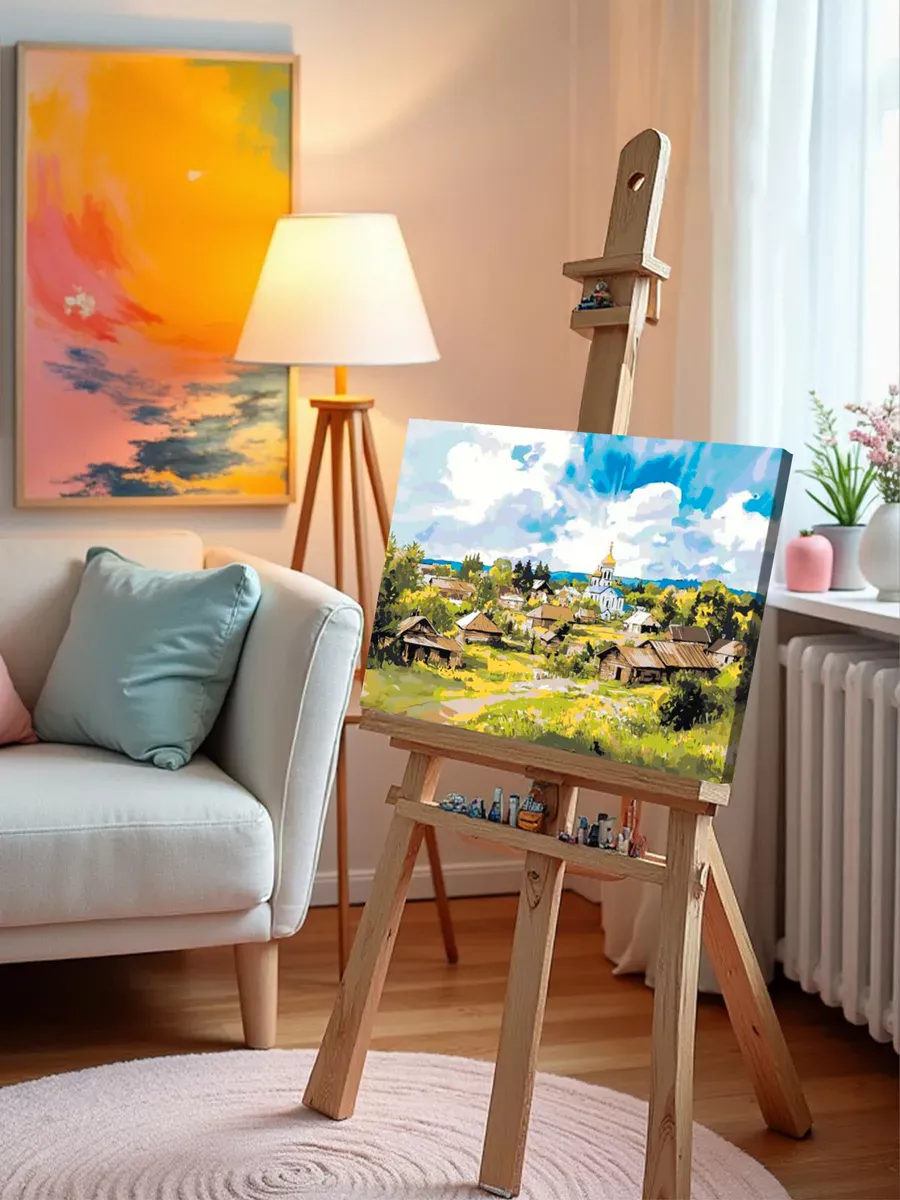 Картина по номерам «Пейзаж: церковь в уютной деревне, весна» — картинка 9