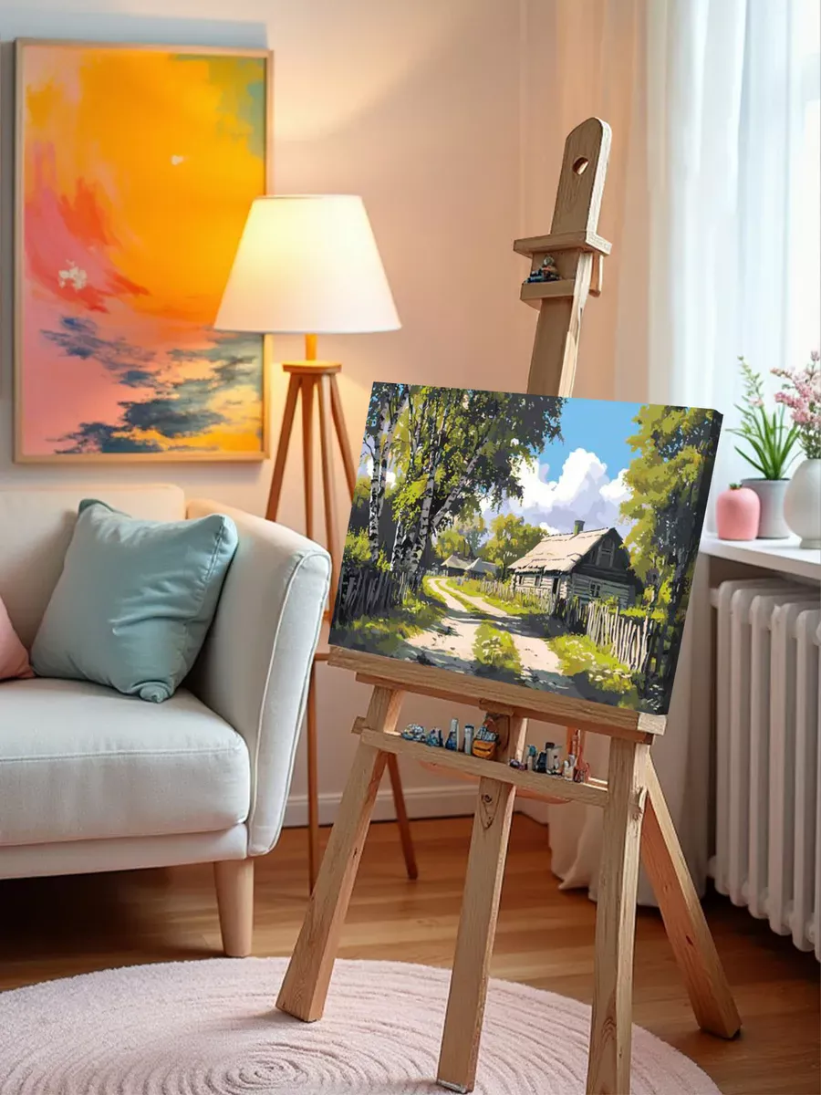 Картина по номерам «Пейзаж: дом в деревне, дорога и березы» — картинка 9