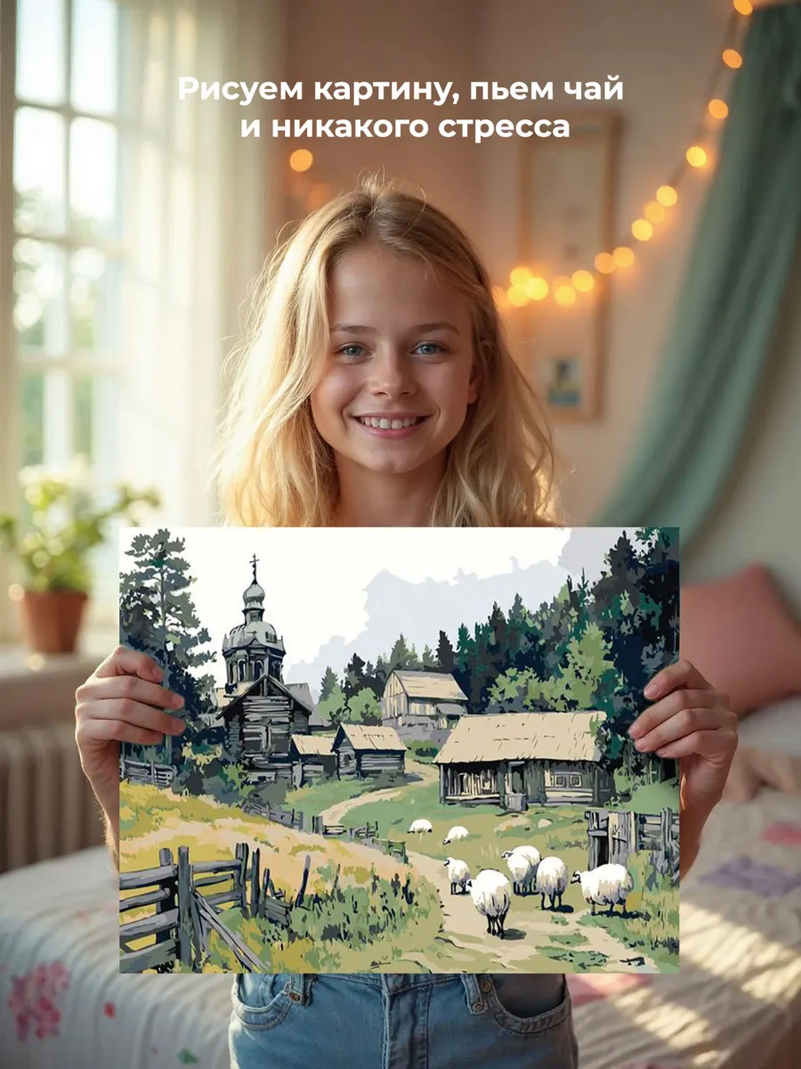 Картина по номерам «Пейзаж: церковь в деревне, белые овечки» — картинка 6