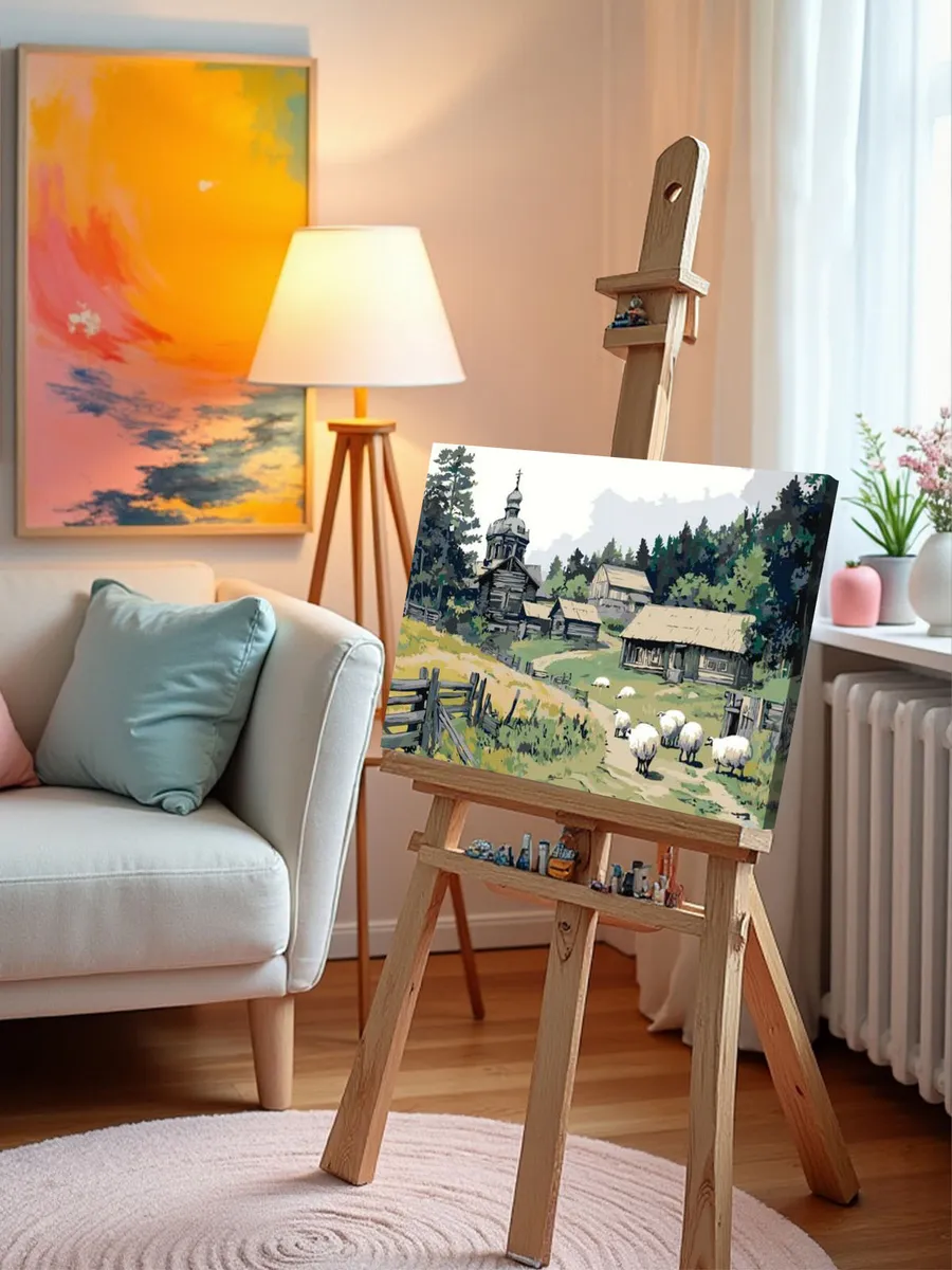Картина по номерам «Пейзаж: церковь в деревне, белые овечки» — картинка 9