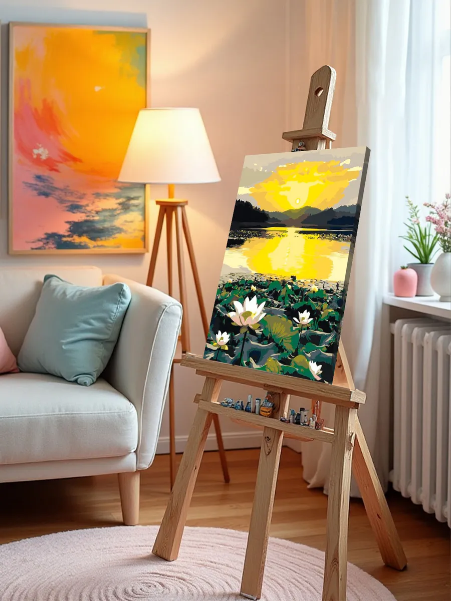 Картина по номерам «Цветы: нежные лотосы в пруду на закате» — картинка 9