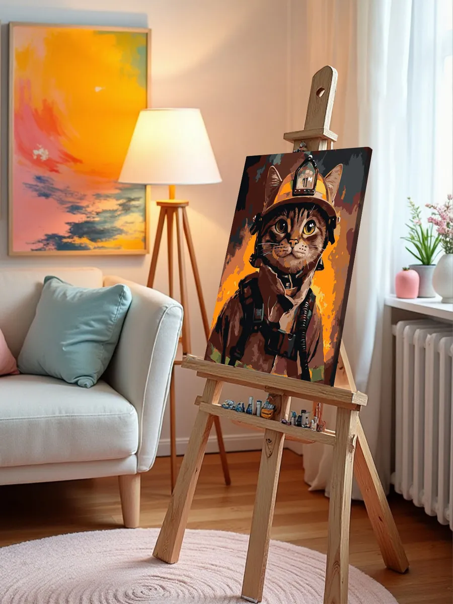 Картина по номерам «Кошки: кот пожарный в каске на фоне огня» — картинка 10