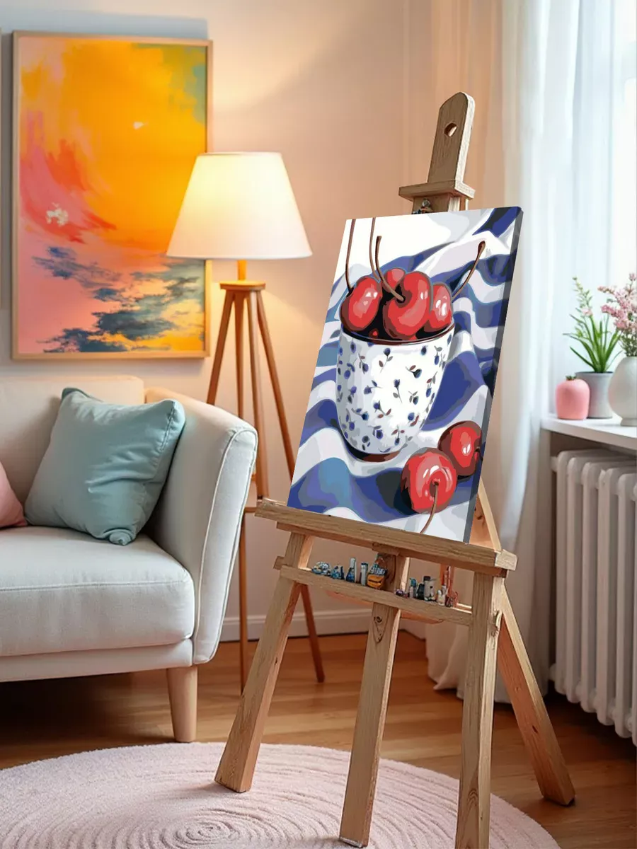 Картина по номерам «Натюрморт: вишни в чашке на столе» — картинка 9