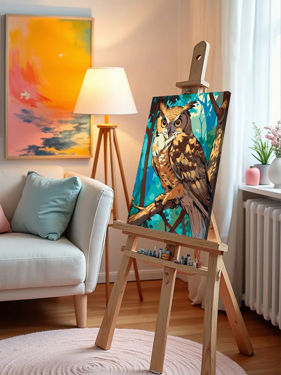 Картина по номерам «Животные: птица сова на дереве в лесу» — картинка 9