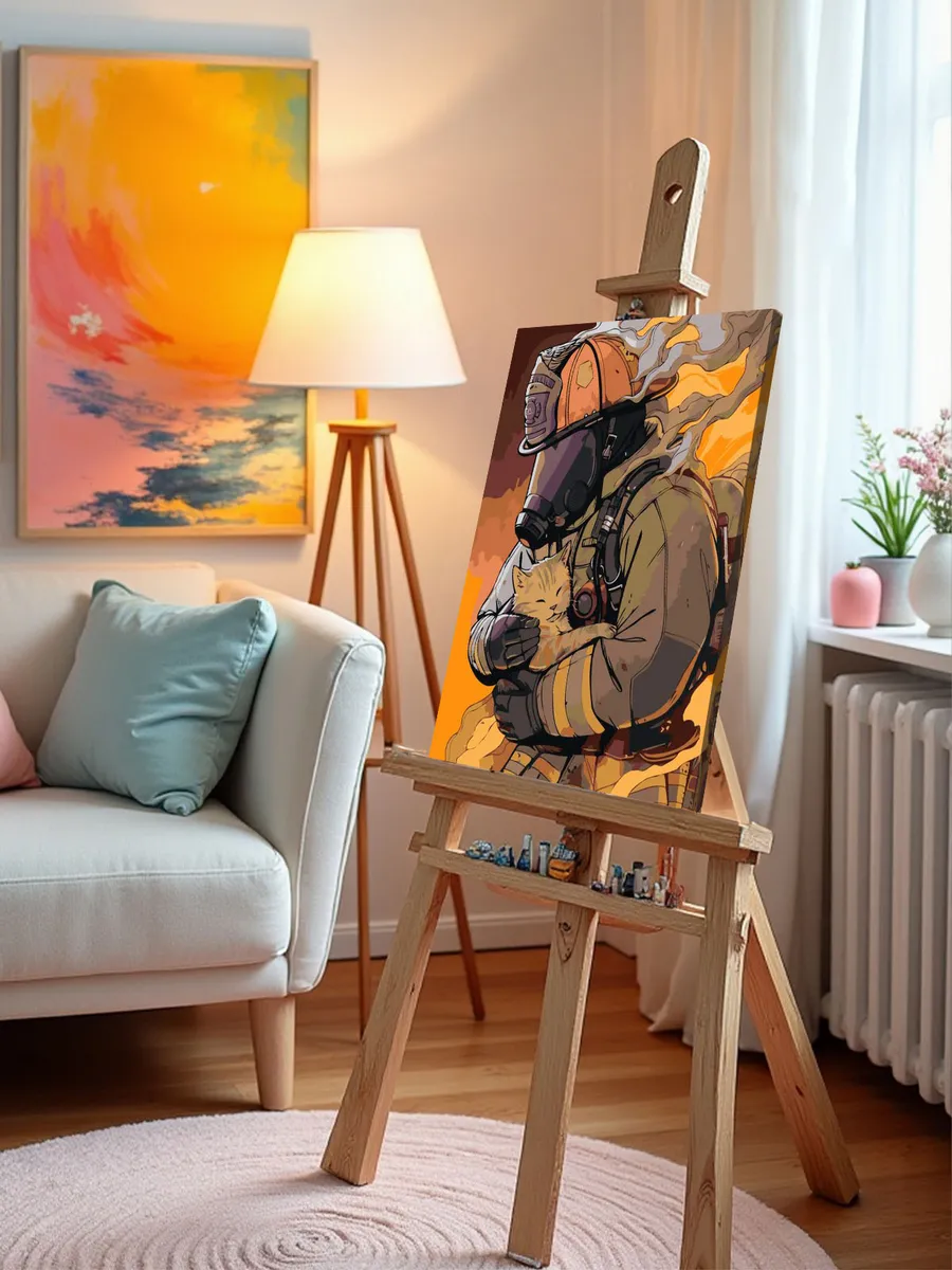 Картина по номерам «Пожарный в форме и спасенный котенок» — картинка 9