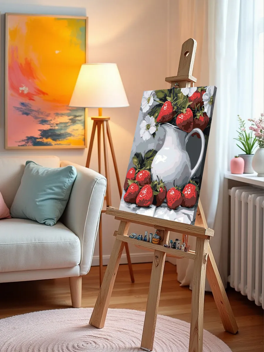 Картина по номерам «Натюрморт: клубника в кувшине, цветы» — картинка 9