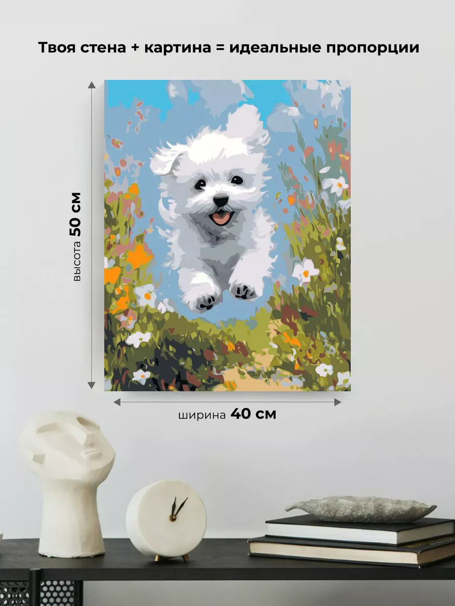 Картина по номерам «Собаки: белая болонка среди цветов» — картинка 3