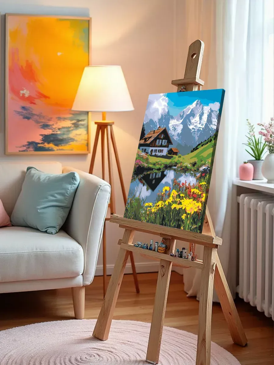 Картина по номерам Пейзаж горы домик озеро и цветы — картинка 9