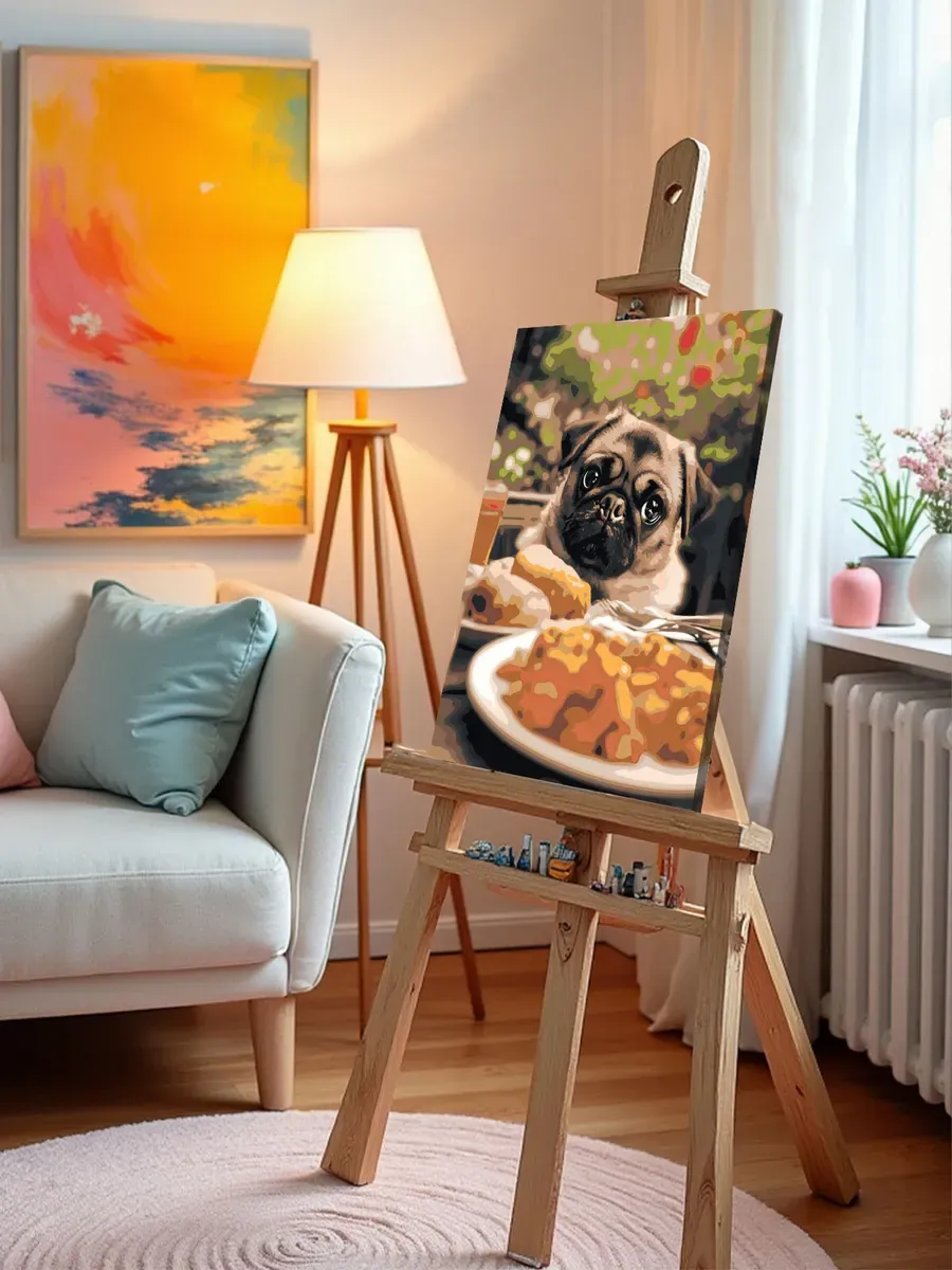 Картина по номерам Собака маленький мопс за столом с едой — картинка 9