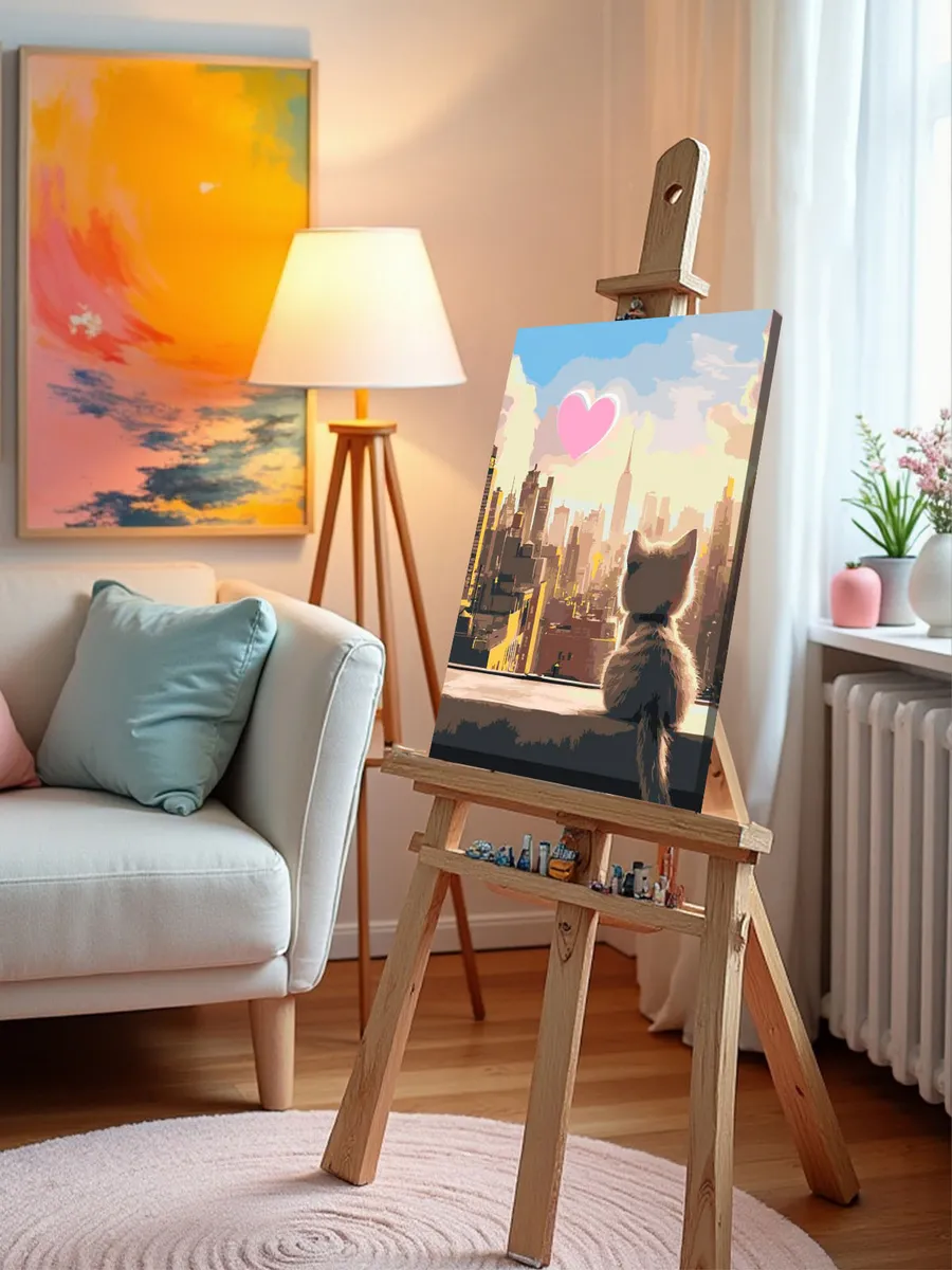 Картина по номерам Котенок сердце и город на закате — картинка 9