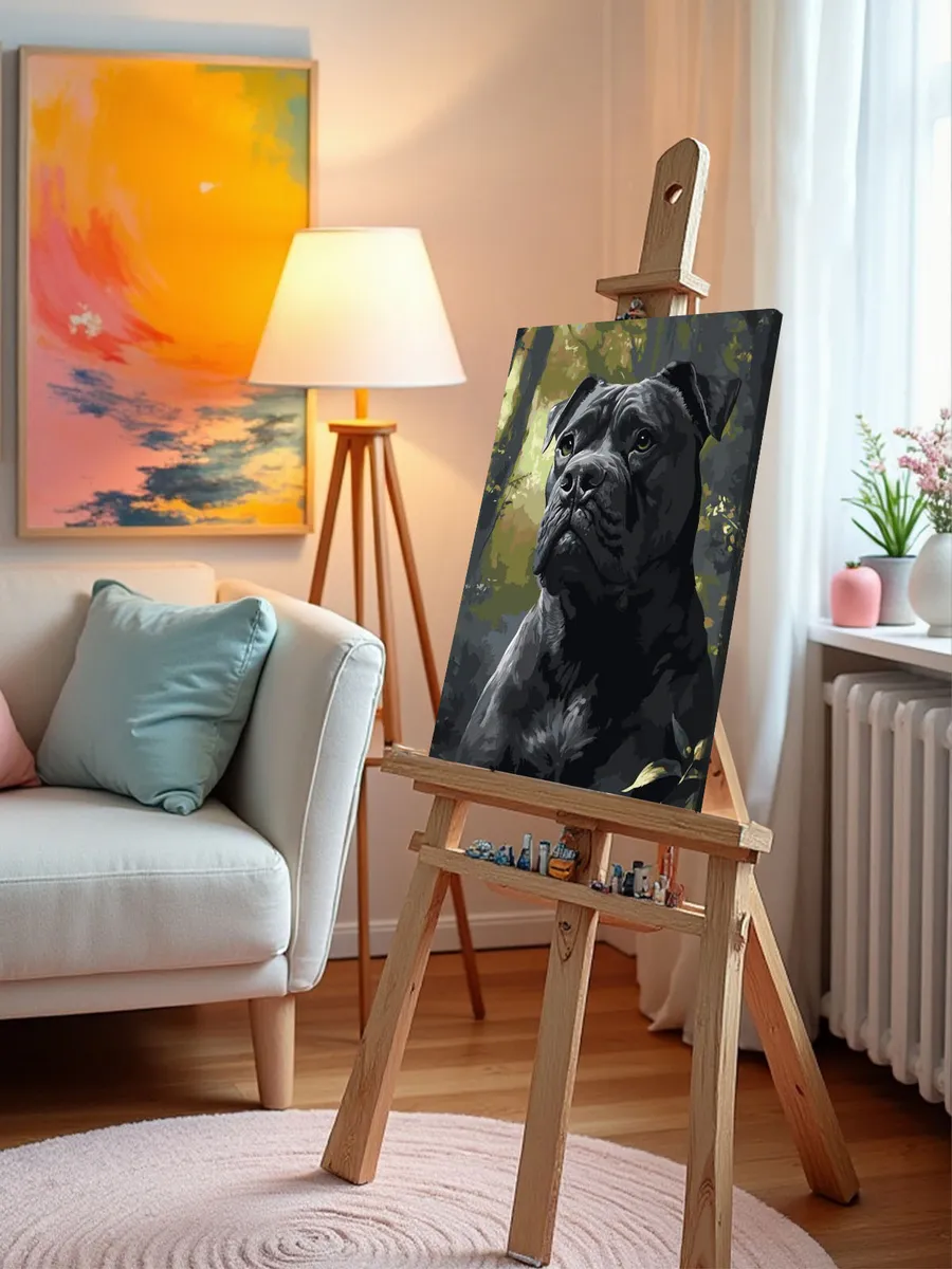 Картина по номерам Черная собака Кане Корсо в лесу — картинка 9