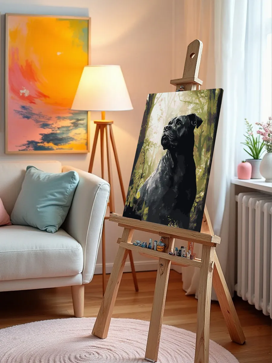 Картина по номерам Черная собака Кане Корсо в лесу — картинка 9