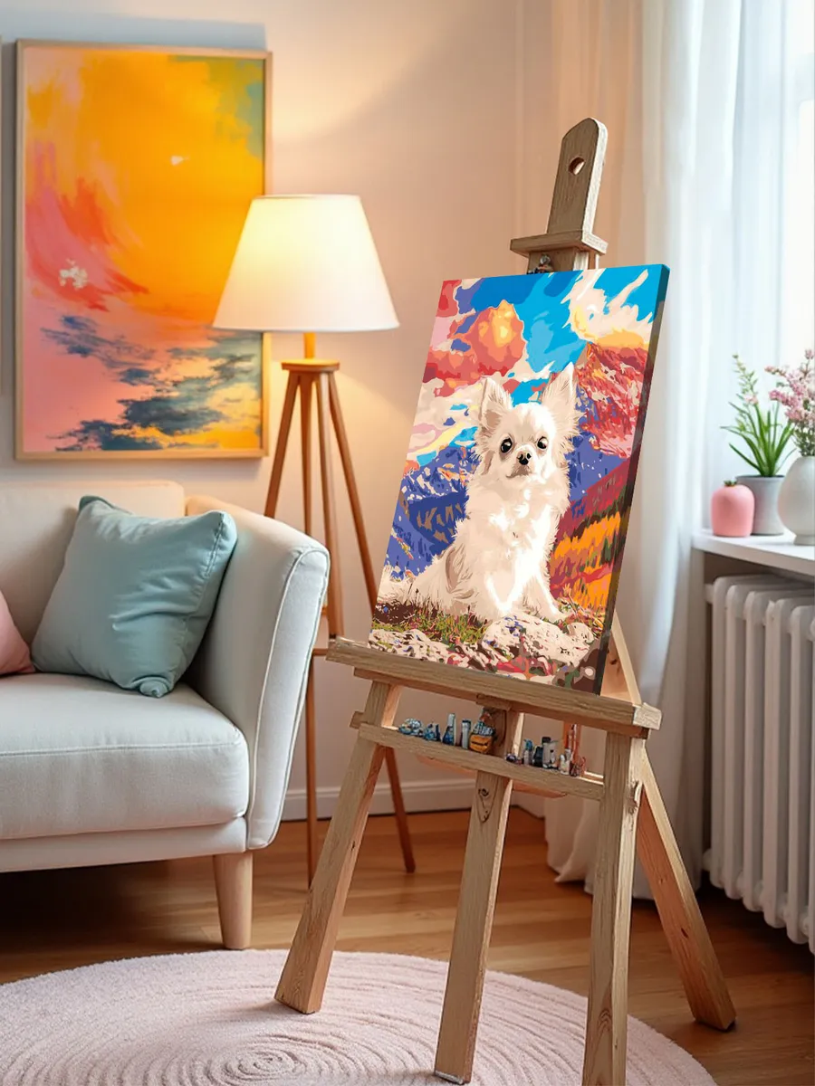 Картина по номерам Собака чихуахуа на фоне разноцветных гор — картинка 9