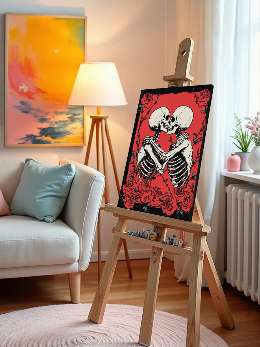 Картина по номерам Влюбленные скелеты и красные розы арт — картинка 9