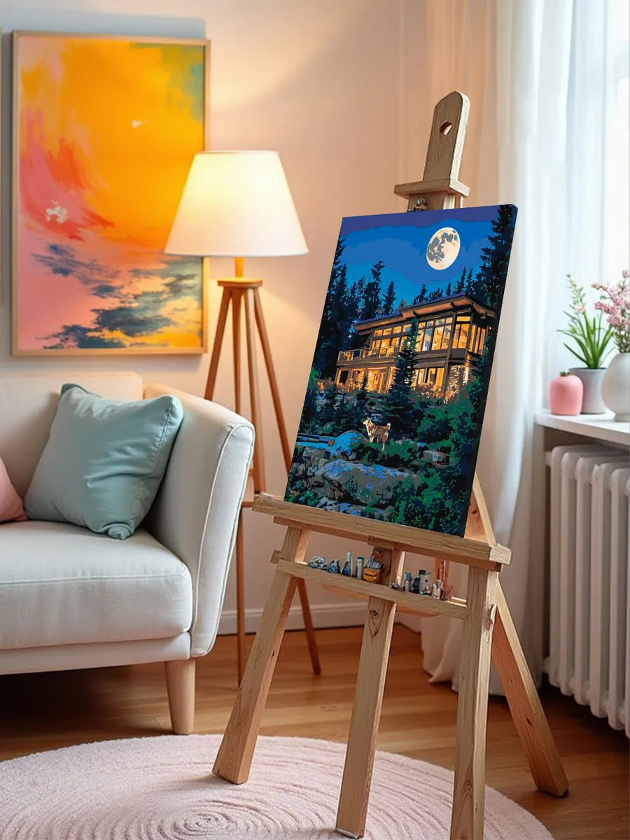 Картина по номерам Волк и домик в лесу на фоне луны — картинка 9