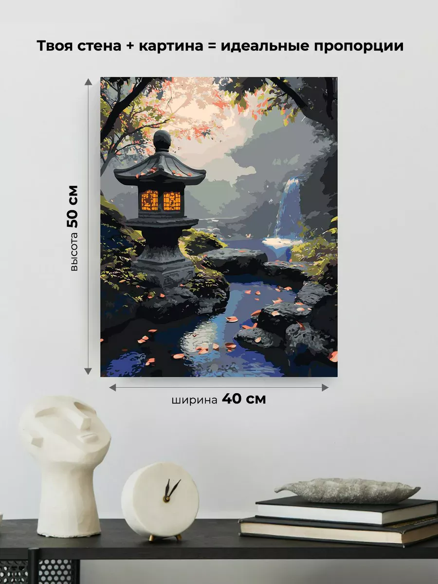 Картина по номерам Японский сад с водопадом и фонариком — картинка 3