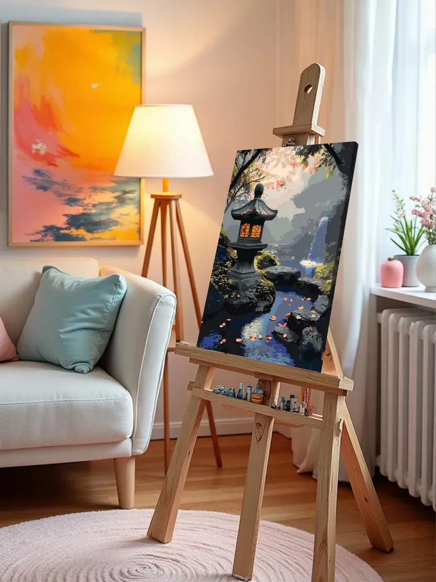 Картина по номерам Японский сад с водопадом и фонариком — картинка 10