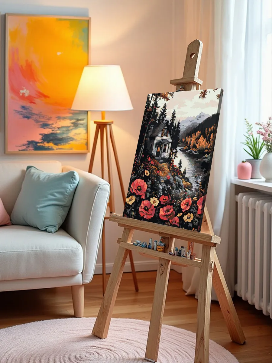 Картина по номерам Пейзаж с маками и домиком в осеннем лесу — картинка 9