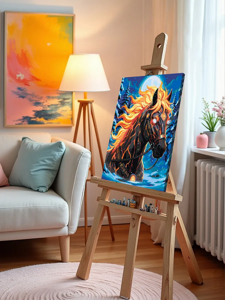 Картина по номерам Огненная лошадь и зимняя ночь Символ года — картинка 9
