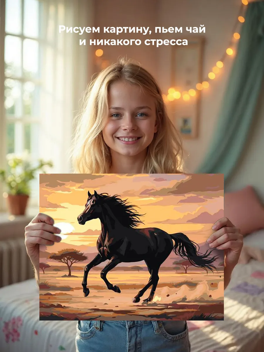 Картина по номерам Черная лошадь на закате Символ года — картинка 6