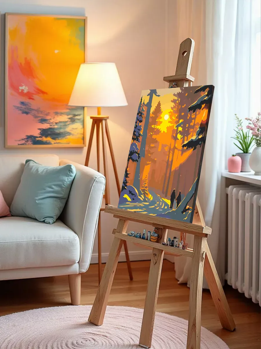 Картина по номерам Снежная зима в лесу на закате — картинка 10