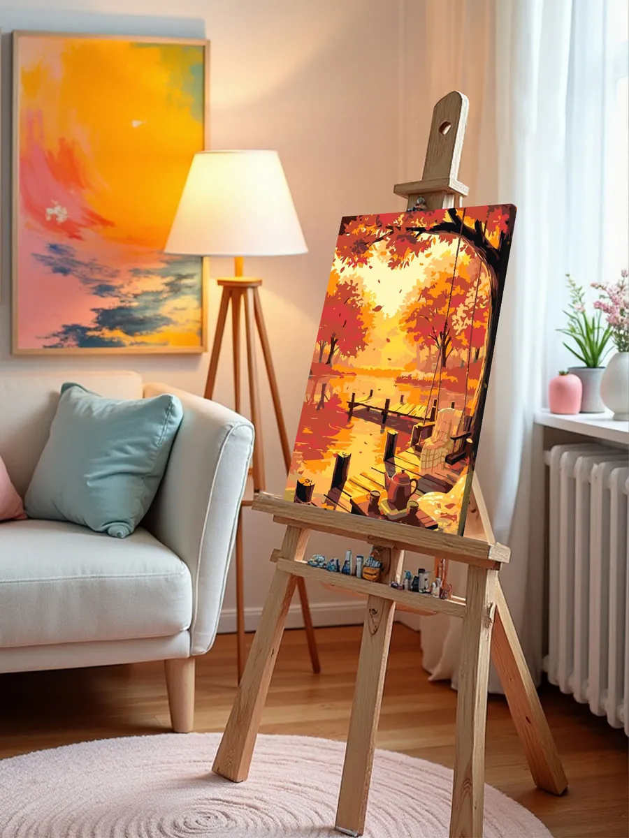 Картина по номерам Причал и качели на берегу озера осенью — картинка 9