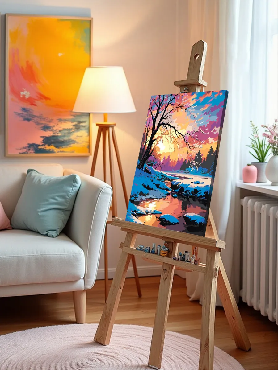 Картина по номерам Зимний ручей в лесу на рассвете — картинка 9