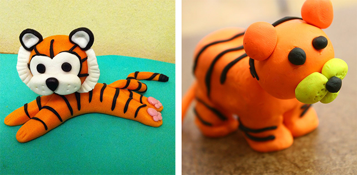 На фото изображено - Подарки и украшения на 2022 год Голубого Тигра, рис. Тигры из пластилина и соленого теста