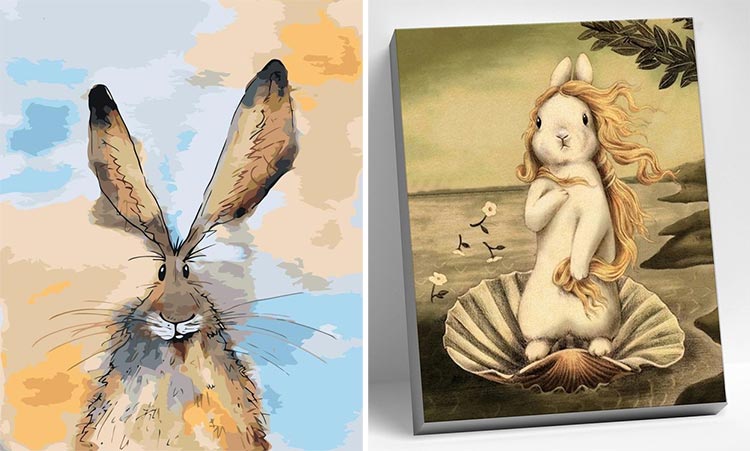 На фото изображено - Новый год – время подарков: что подарить в год Черного Водяного Кролика?, рис. Картины по номерам с кроликами