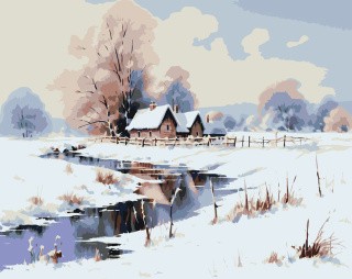 Картина по номерам «Зима: Пейзаж с ручьем и деревенскими домами»