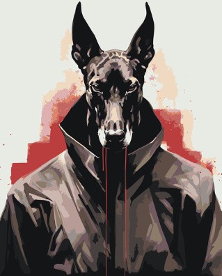 Картина по номерам «Черная собака доберман в куртке»