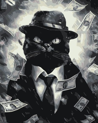 Картина по номерам «Черный кот-гангстер с деньгами»
