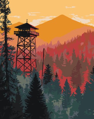 Картина по номерам Смотровая вышка среди леса в горах