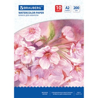 Бумага для акварели большая А2 «Цветы», 10 л., 200 г/м2, 400х590 мм, BRAUBERG