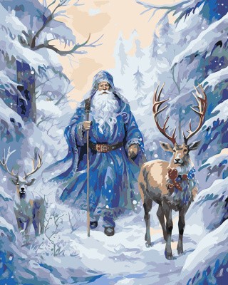Картина по номерам «Новогодняя: Дед Мороз и олени в зимнем лесу»