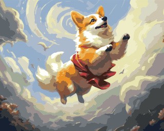 Картина по номерам «Собака корги летает в облаках»