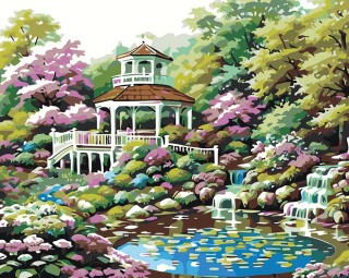 Картина по номерам «Природа: Пейзаж с беседкой в цветущем весеннем саду 2»